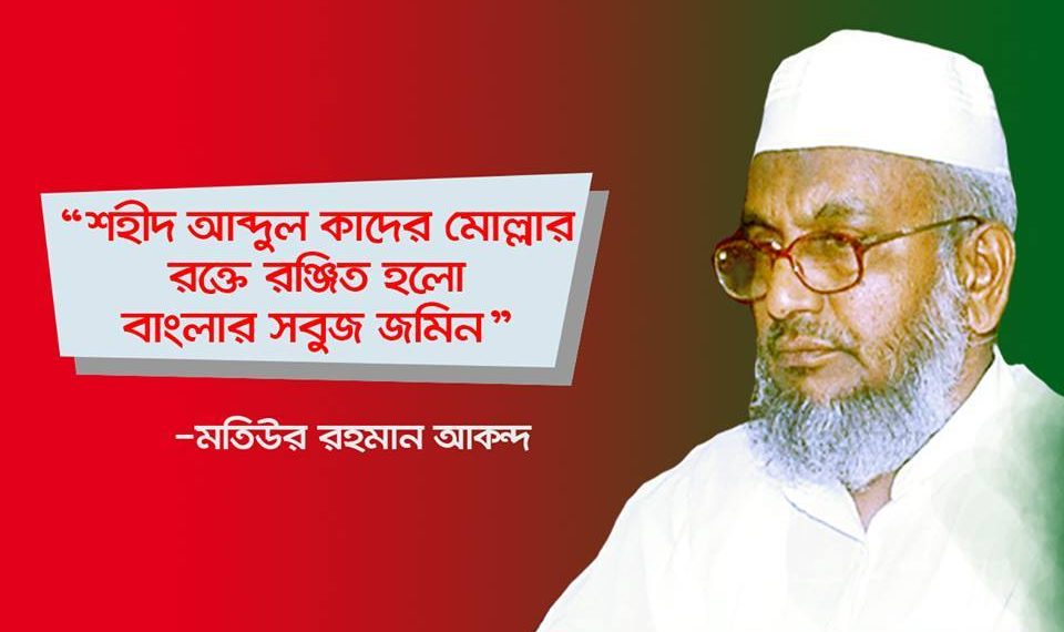 শহীদ আব্দুল কাদের মোল্লার রক্তে রঞ্জিত হলো বাংলার সবুজ জমিন: -মতিউর রহমান আকন্দ